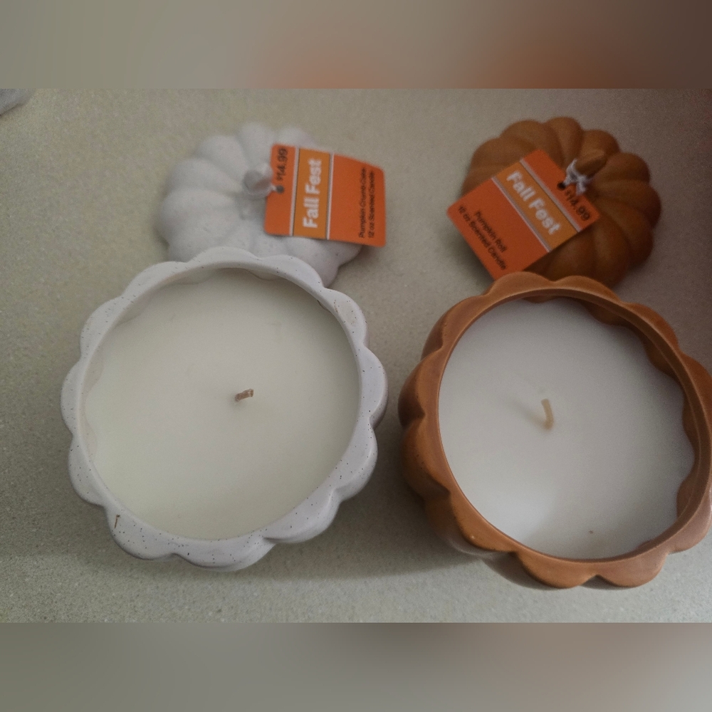 Pumpkin Shaped Candle Set  White Pumpkin Crumb Cake  And Orange Pumpkin Roll